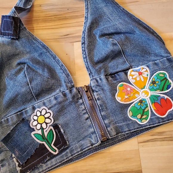 NWT Dolls Kill Current Mood Denim Halter Top with Floral Patches - Picture 2 of 8